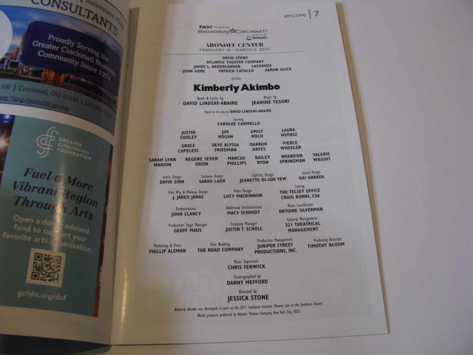 2025 Kimberly Akimbo Encore Theatre Program Broadway Cincinnati Aronoff Center