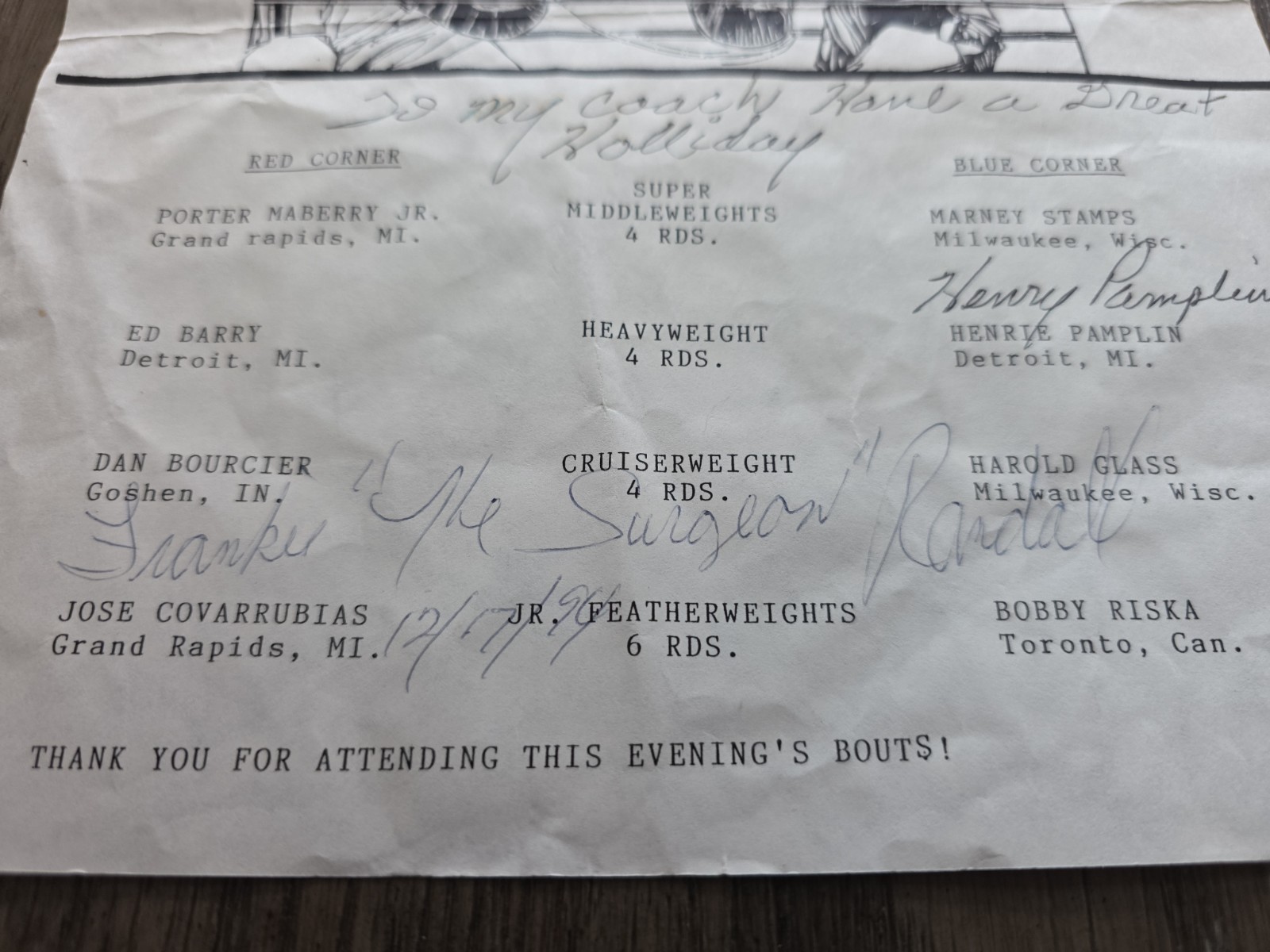 1994 Coors Fight Night Boxing Grand Rapids MI Frankie The Surgeon Randall Signed