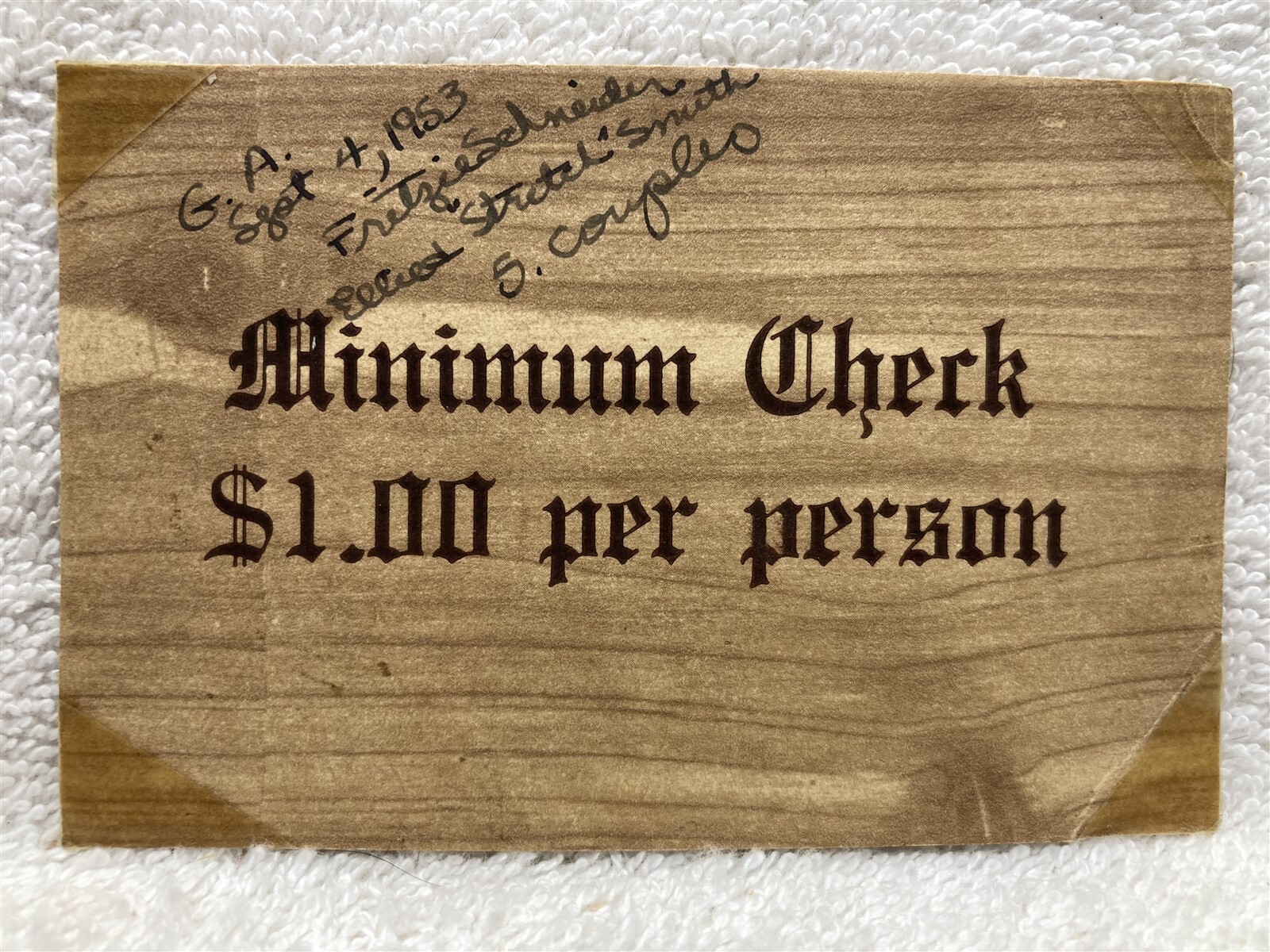 1953 Unknown Restaurant New York Philadelphia Minimum Check Card G.A. Vtg