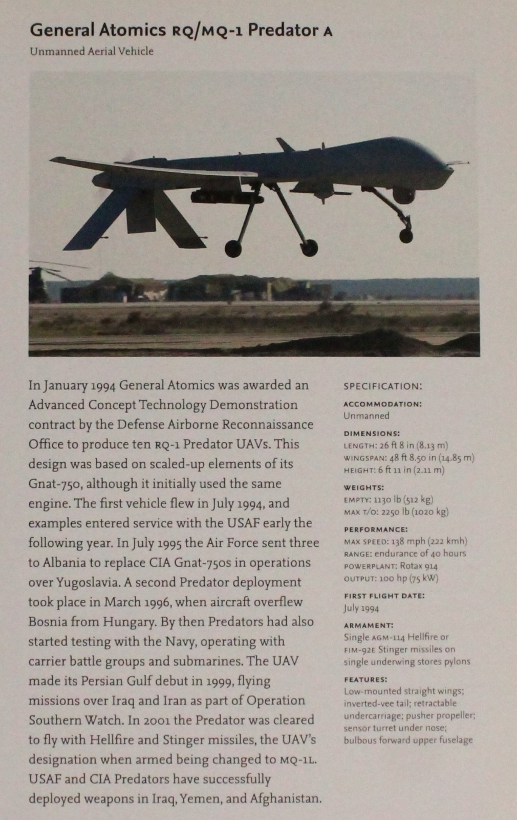 General Atomics RQ MQ-1 Predator A Picture Aircraft Article Vtg Detail Sheet