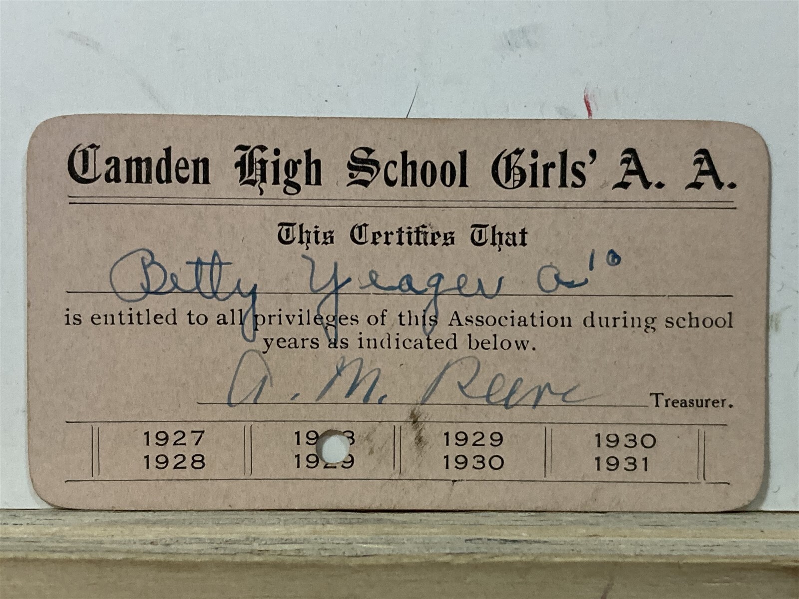 1928 1929 Camden High School Girls Athletic Association Card NJ Basketball Vtg
