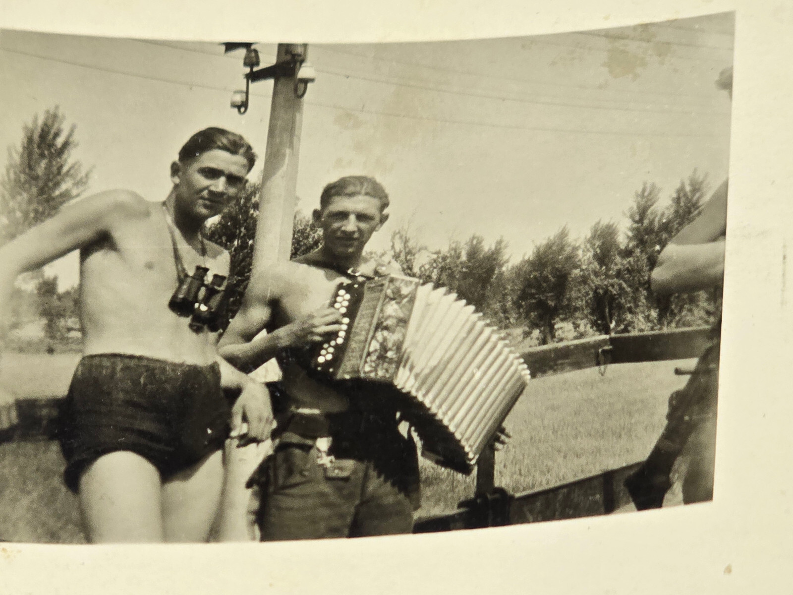 CROATIA YOUNG SHIRTLESS SOLDIERS w ACCORDION BINOCULARS WW2 WWII German Photo