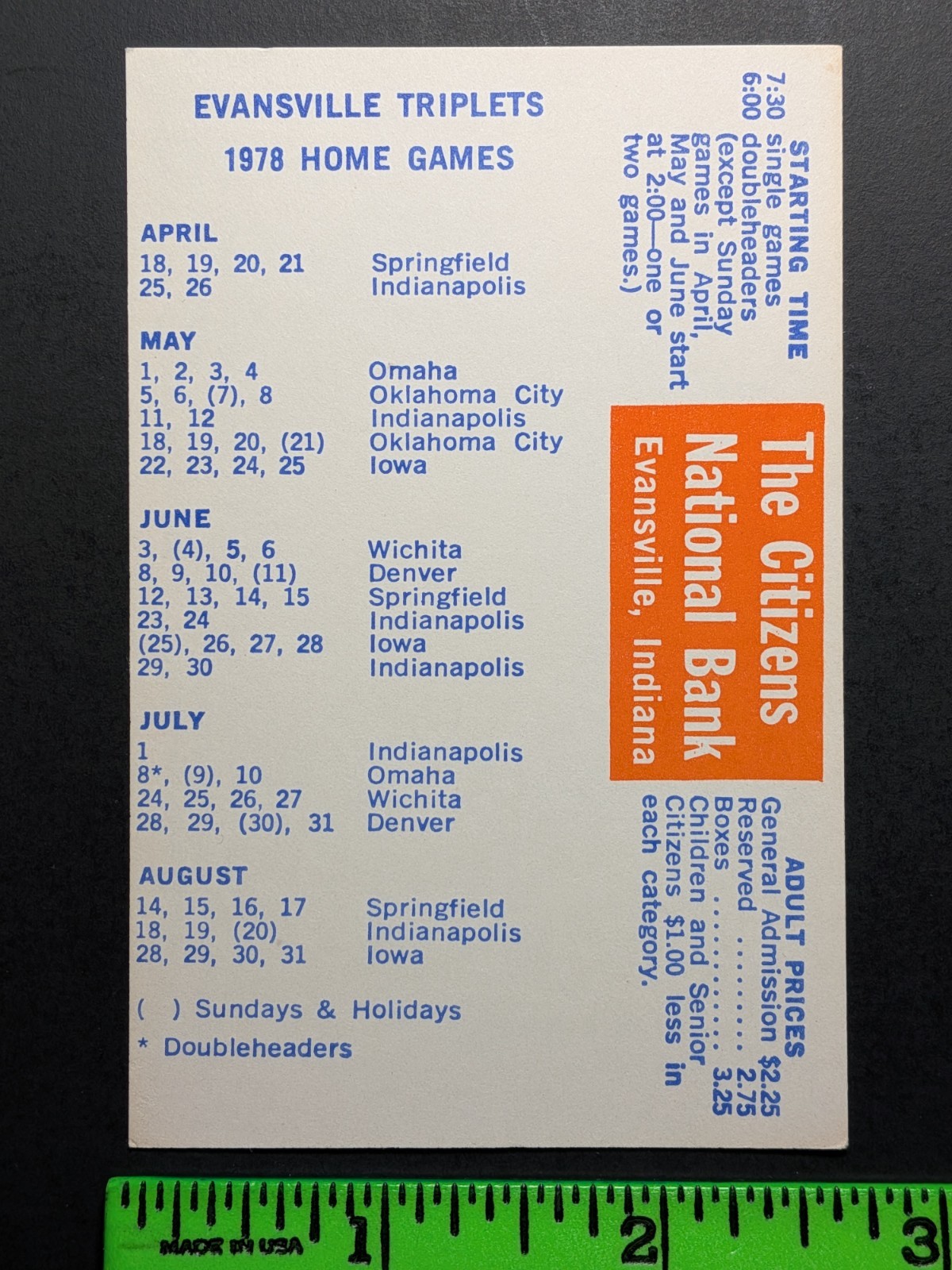 Evansville Triplets 1978 Baseball Pocket Schedule