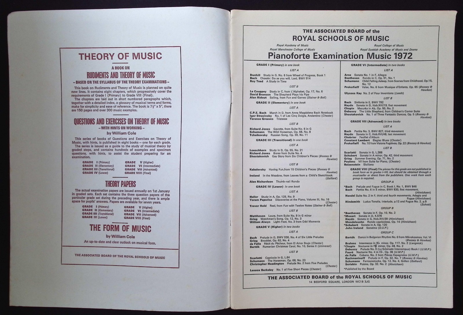 Royal Schools of Music Pianoforte Examinations 1972 Grade VI List B Intermediate