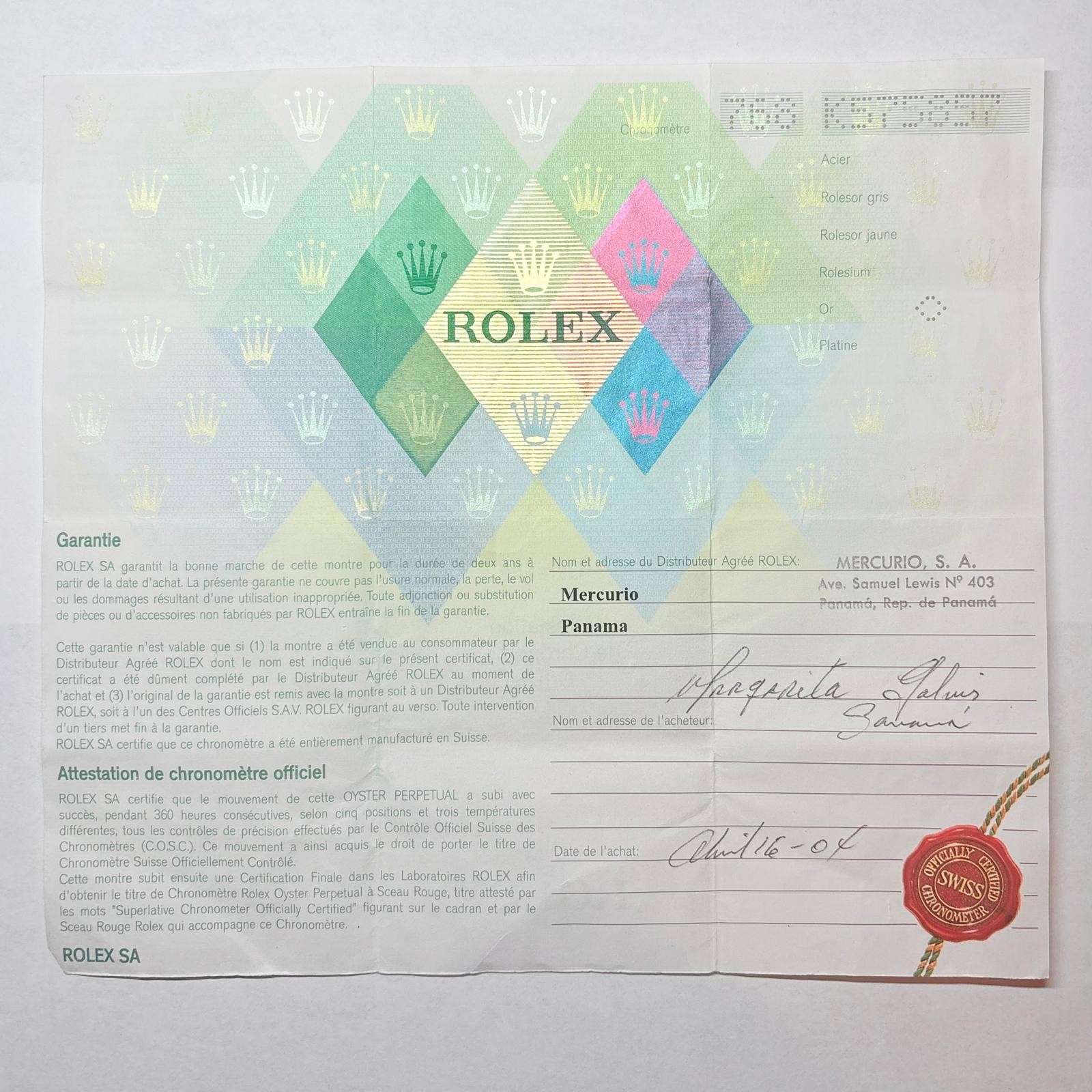 Rolex 179369 President Lady-Datejust Warranty Certificate 2000s K Serial Cert