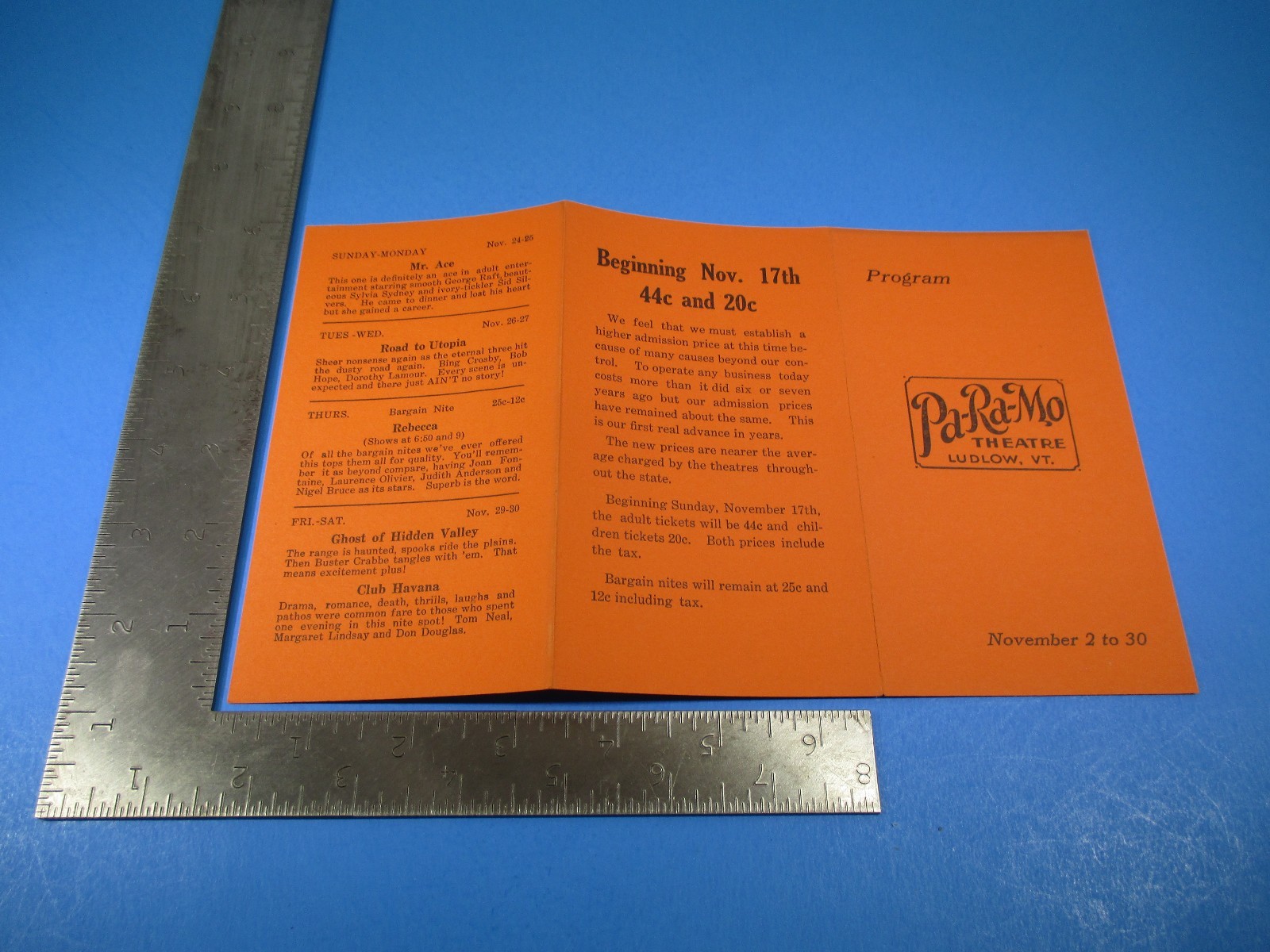 Vintage November Pa-Ra-Mo Theatre Ludlow Vermont Play Programs and Times S5736