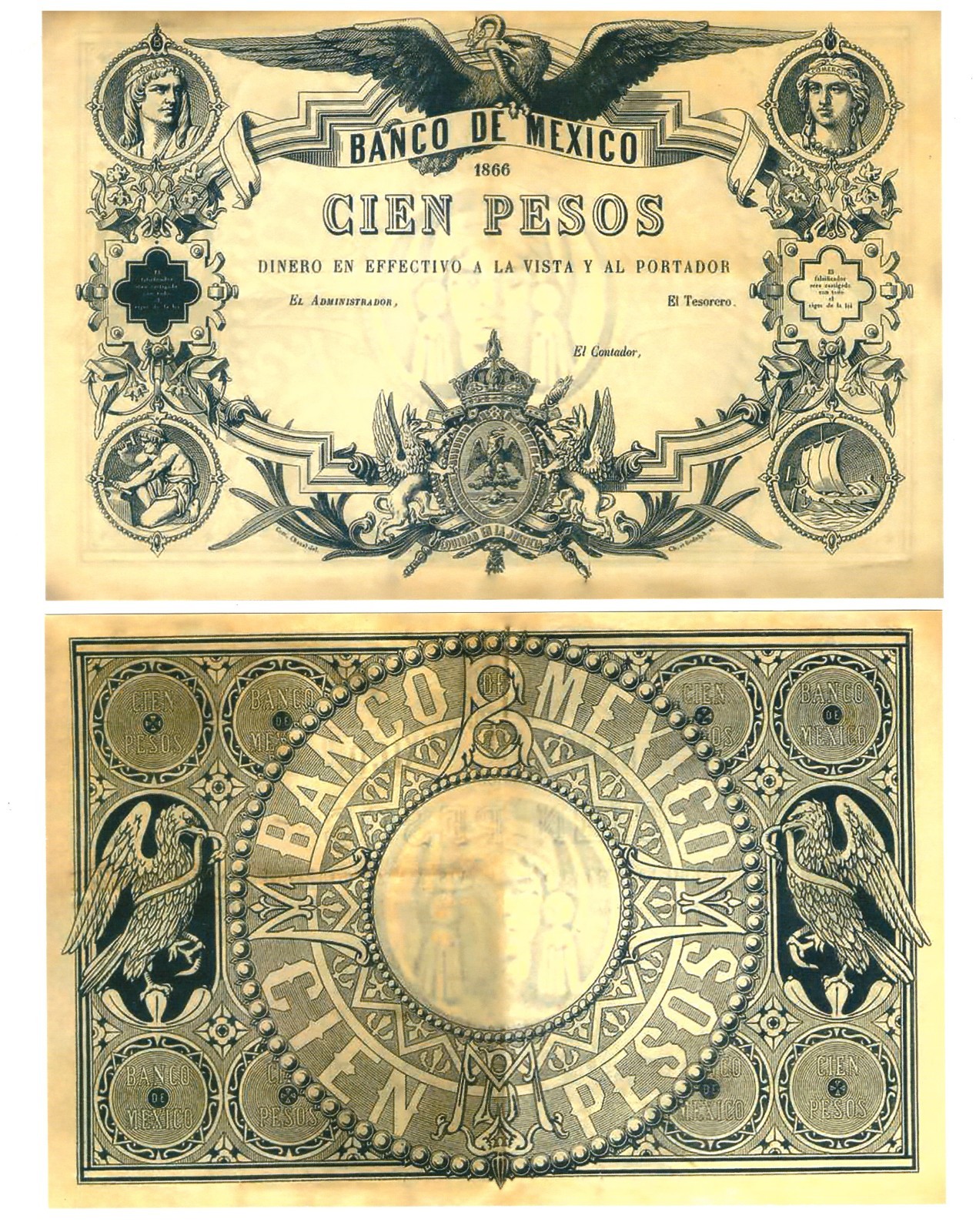 u Reproduction Note Mexico 100 Pesos 1866 Pick #9 1969R