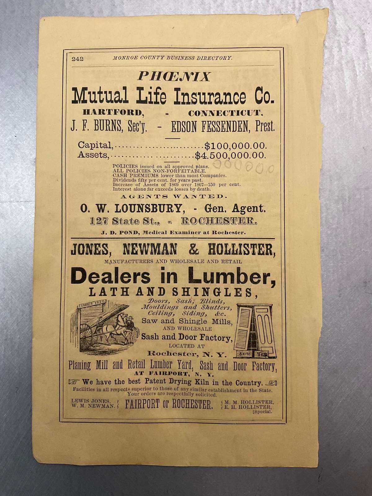 1869 Authentic Paper Ad Mutual, Hollister Lumber, DeGraff College, Rochester NY