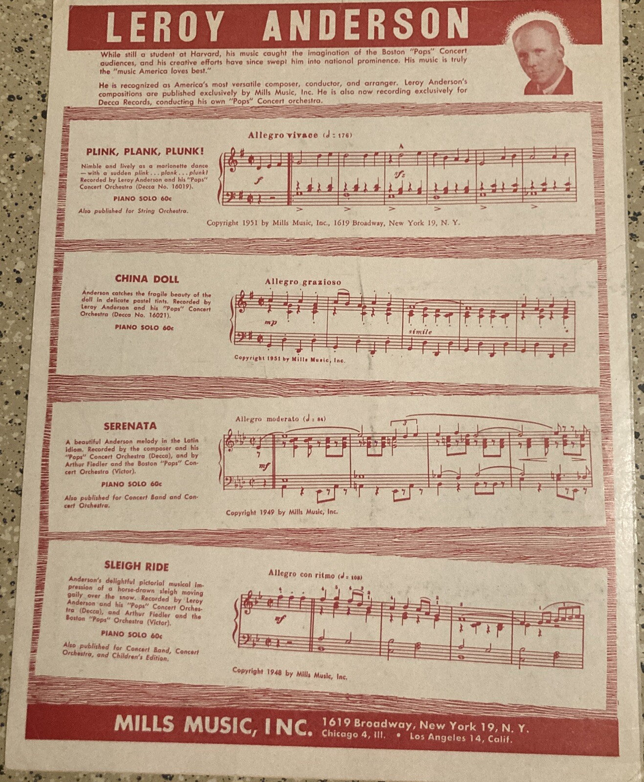 VINTAGE SHEET MUSIC SYNCOPATED CLOCK PIANO LEROY ANDERSON 1946