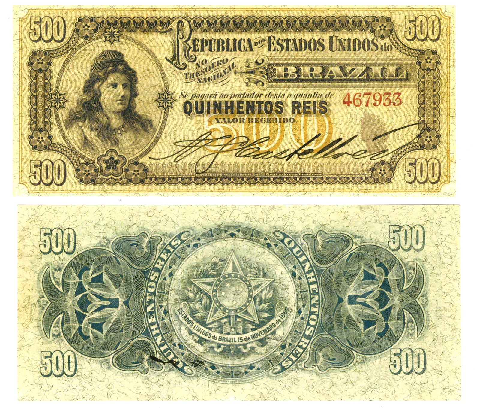 u Reproduction Note Brazil 500 Reis 1901 Pick #2 0861R