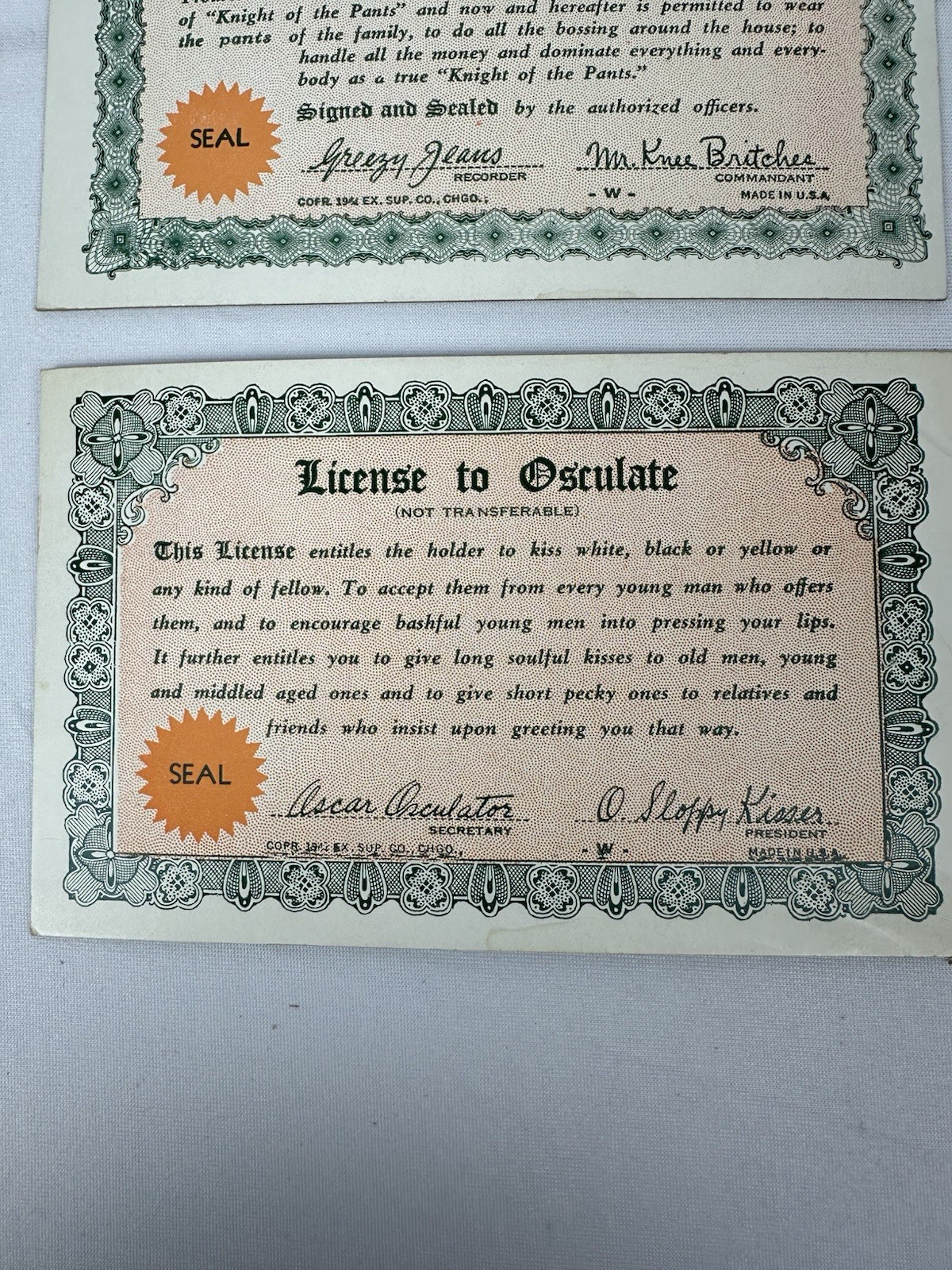 Vintage 1940s Novelty Certificates Lot Matrimonial Pants License Vamp Etc.