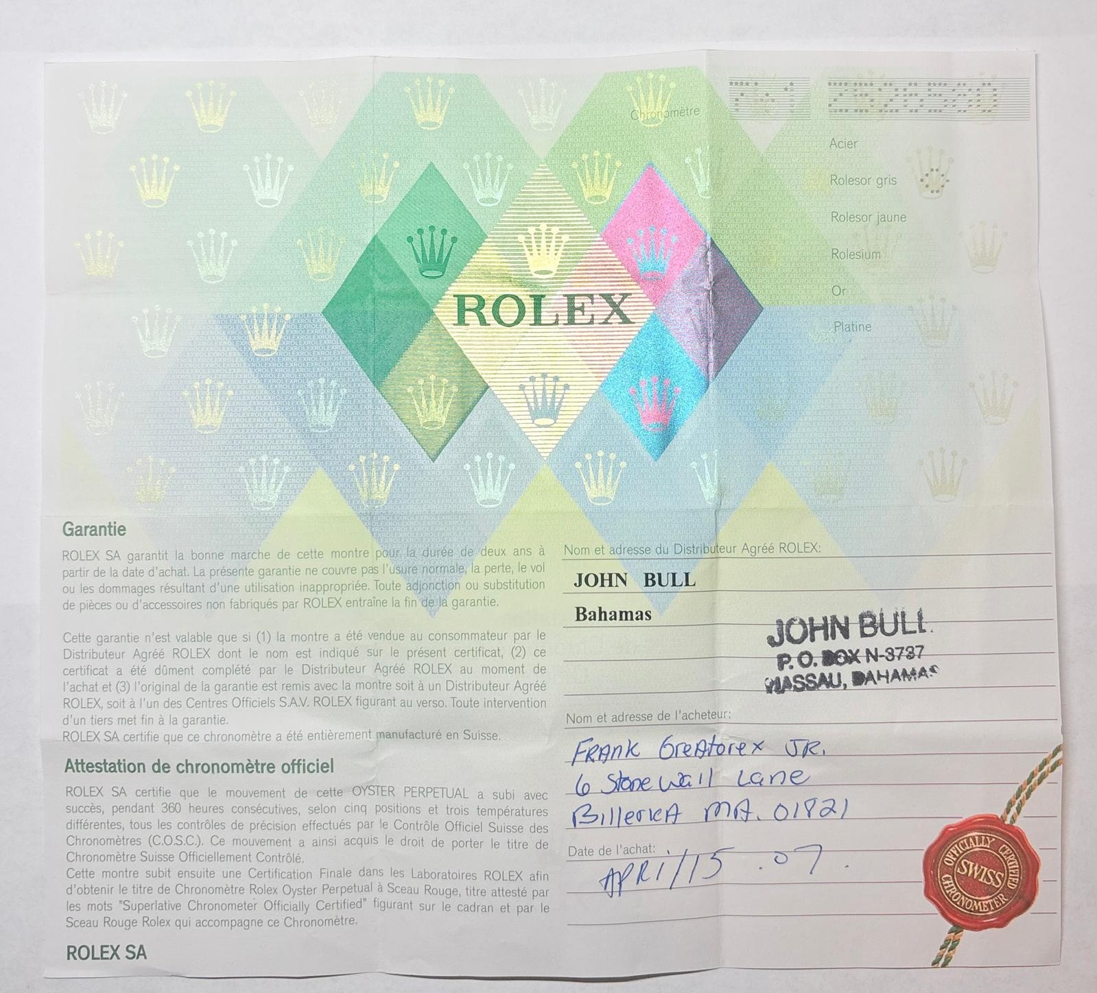 Rolex 116234 Datejust Warranty Certificate Guarantee 2000s Z Serial Cert Genuine