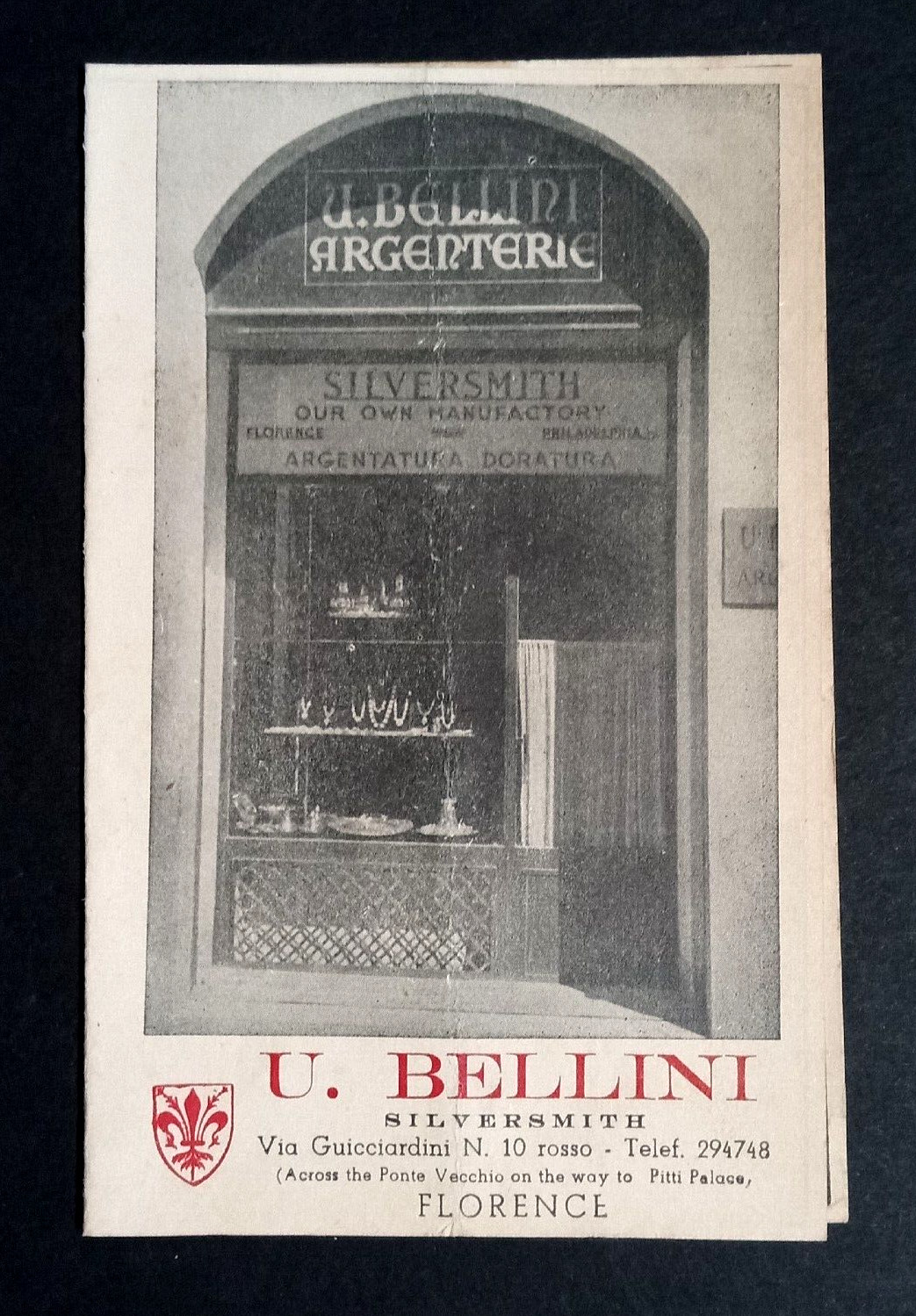 U. Bellini Silversmith Jewelry Florence Italy Vtg Receipt Map Business Card 1951