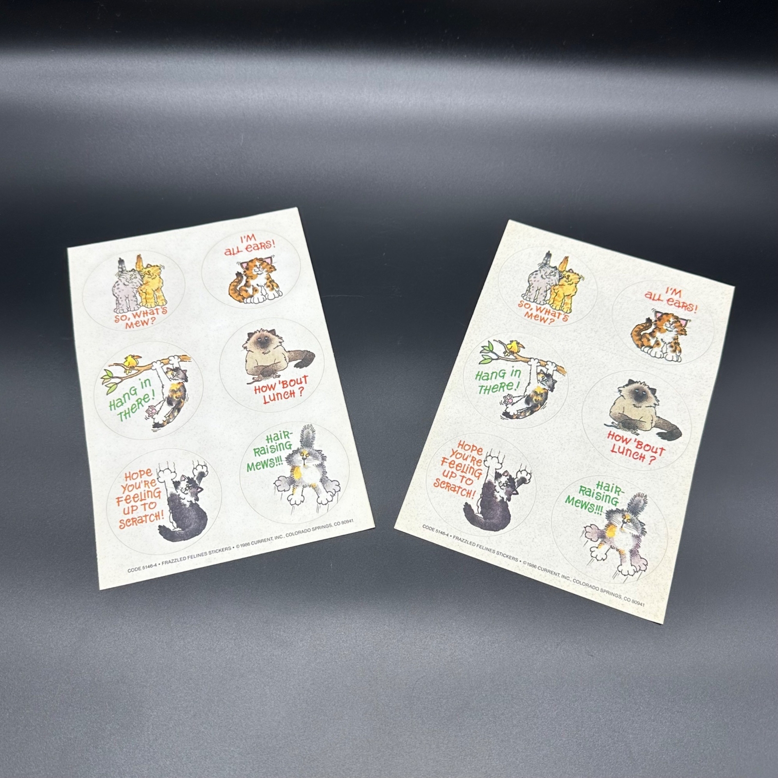 Vintage Kitty Cat Stickers Frazzled Felines 1986 Current Kitschy Humor Round 80s