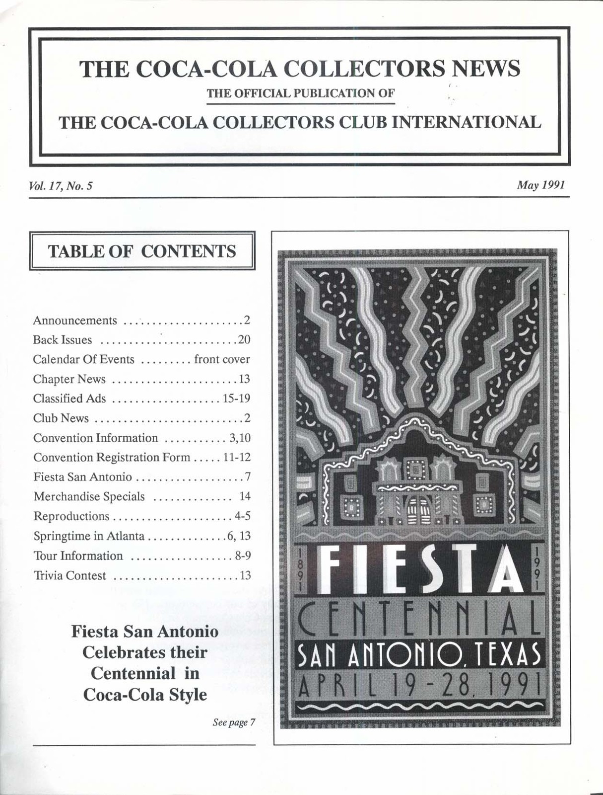 COCA-COLA Collectors News Fiesta San Antonio Centennial 5 1991