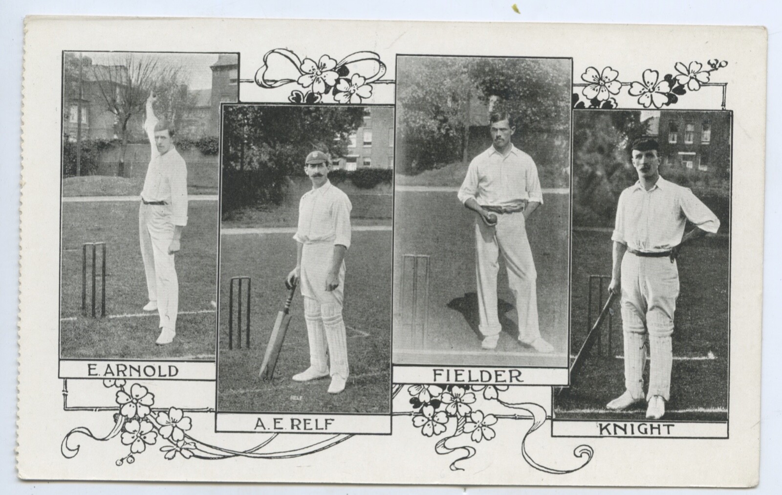 C1910 POSTCARD AUSTRALIAN TEST CRICKETERS E ARNOLD AE RELF FIELDER KNIGHT N490