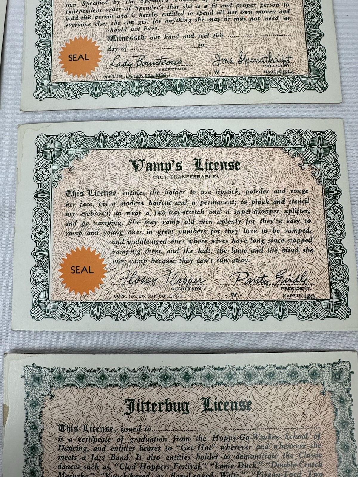 Vintage 1940s Novelty Certificates Lot Matrimonial Pants License Vamp Etc.
