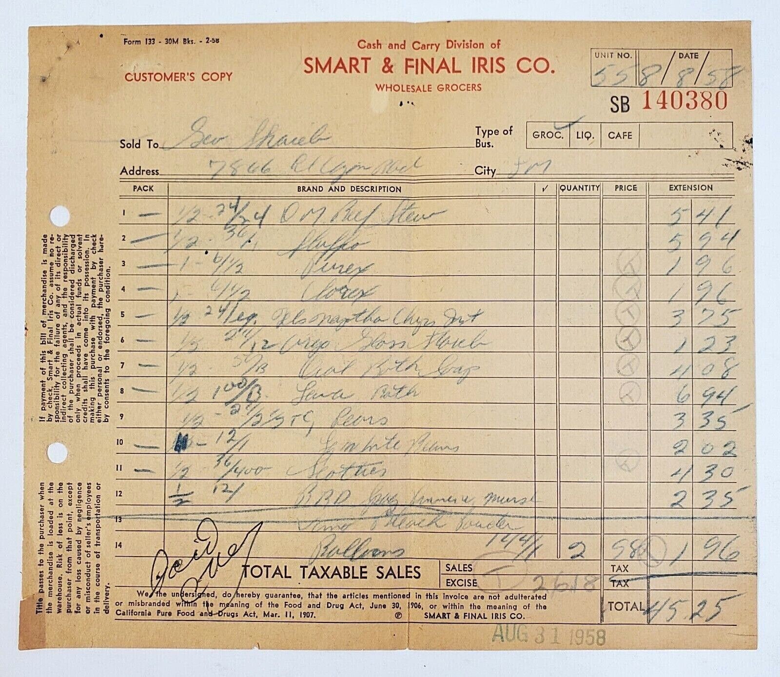 c1900’s-50’s (5) Assorted Letterheads & Invoices Armour Co Grain Smart & Final