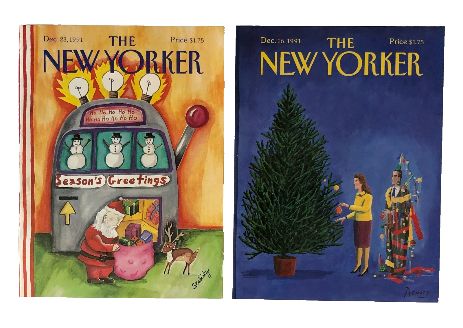 1991 New Yorker Magazine Covers Christmas LOT 2 Santa Toys Tree Decorating Vtg