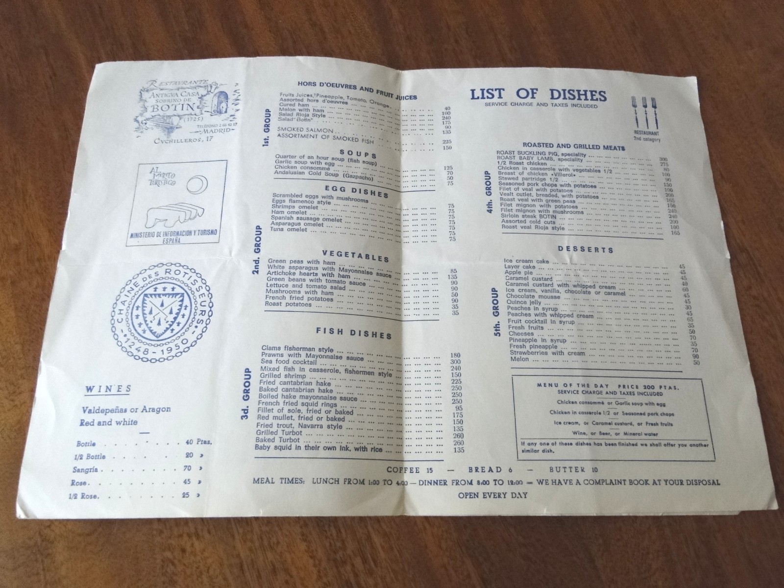 1968 250th Anniversary Casa Botin Restaurant Menu Madrid Spain Plaza Mayor