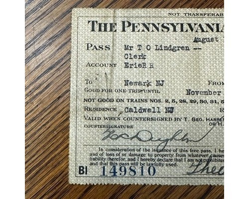 Pennsylvania Railroad Employee Pass 1927 Newark to Philipsburg Railroadiana