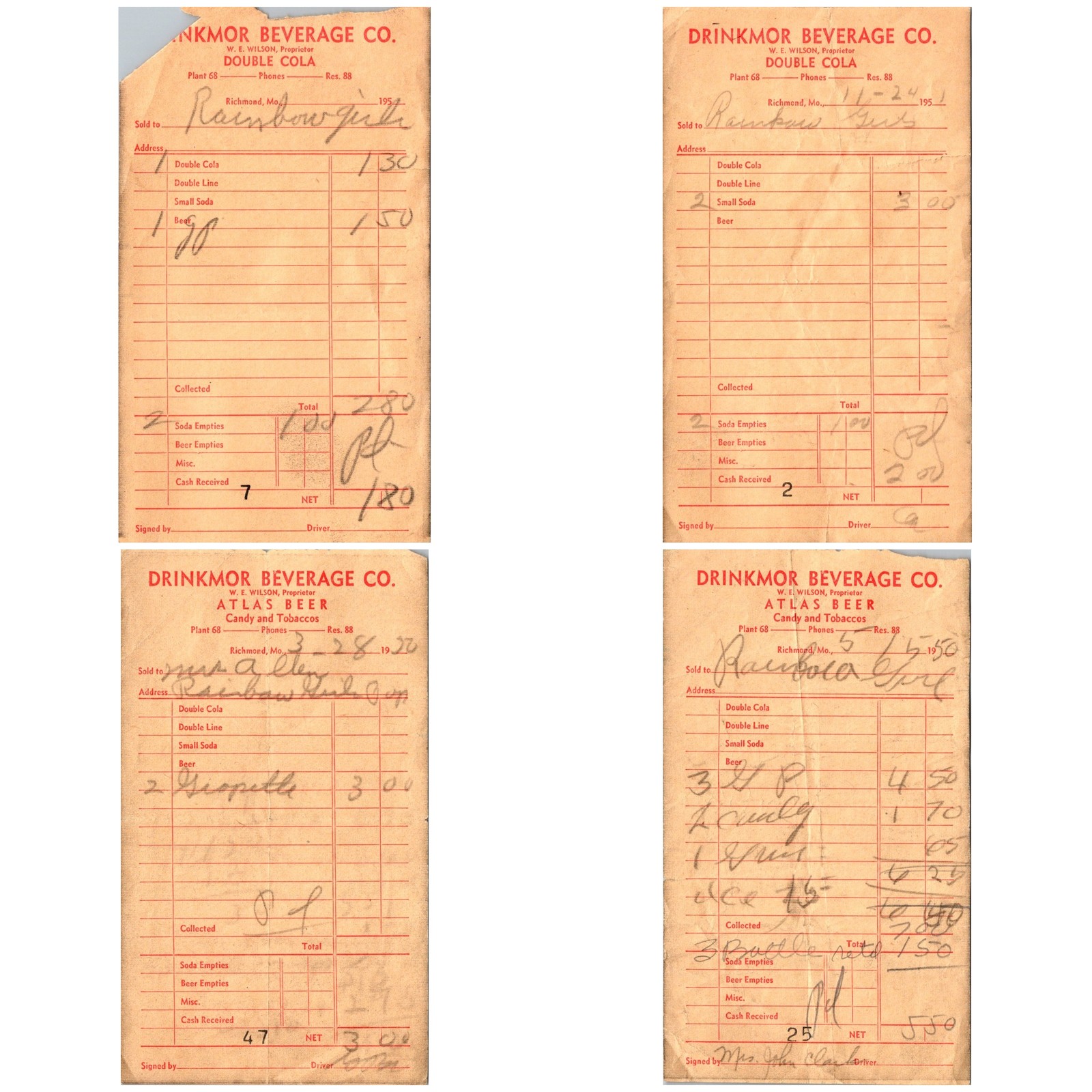 1950s Drinkmor Beverage Co Richmond MO 4 Receipts Rainbow Cafe Ritz Cafe