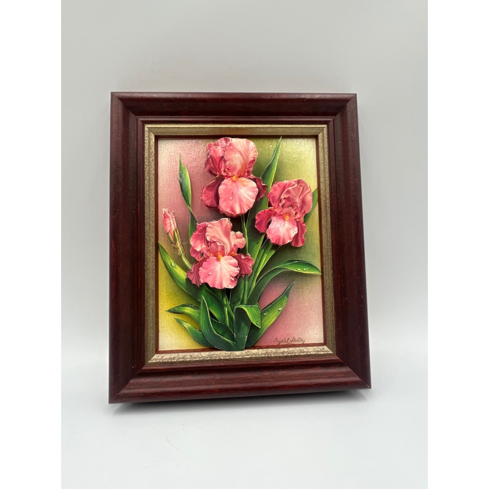 Rare Handmade 3D layered Paper Art 1989 “Pink IRIS” Signed By Crystal Skelley