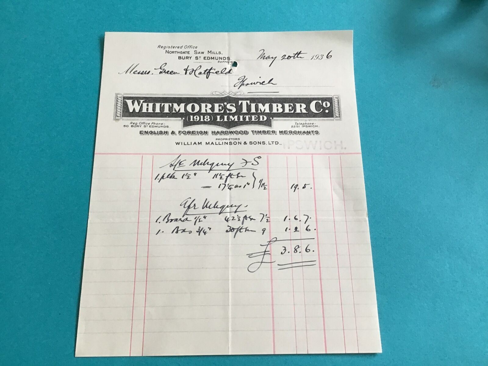 Whitmore’s Timber Co Ltd 1936 Ipswich receipt R34804