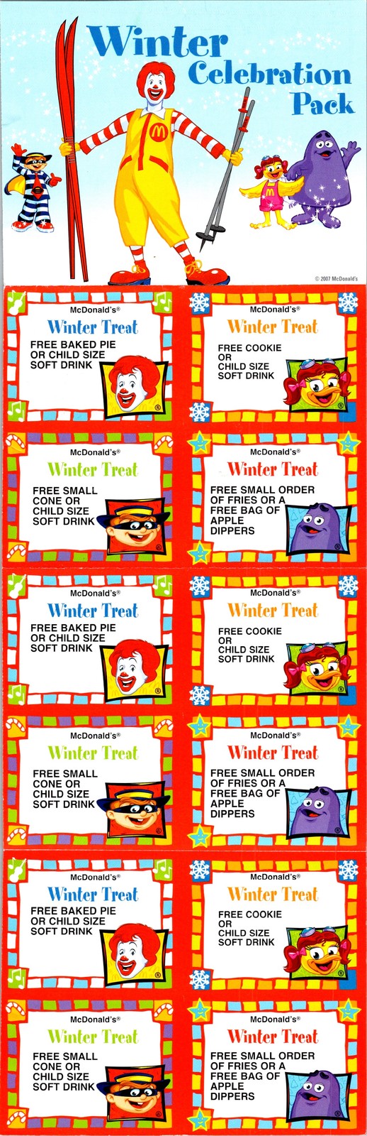 2007 McDonald’s Winter Celebration Pack Coupon Sheet Ronald Hamburglar Grimace