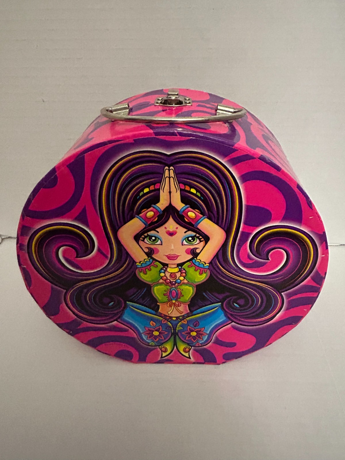 VTG Lisa Frank Hippie Genie Girl Train Case Round Storage Box 8″ Metal Handle