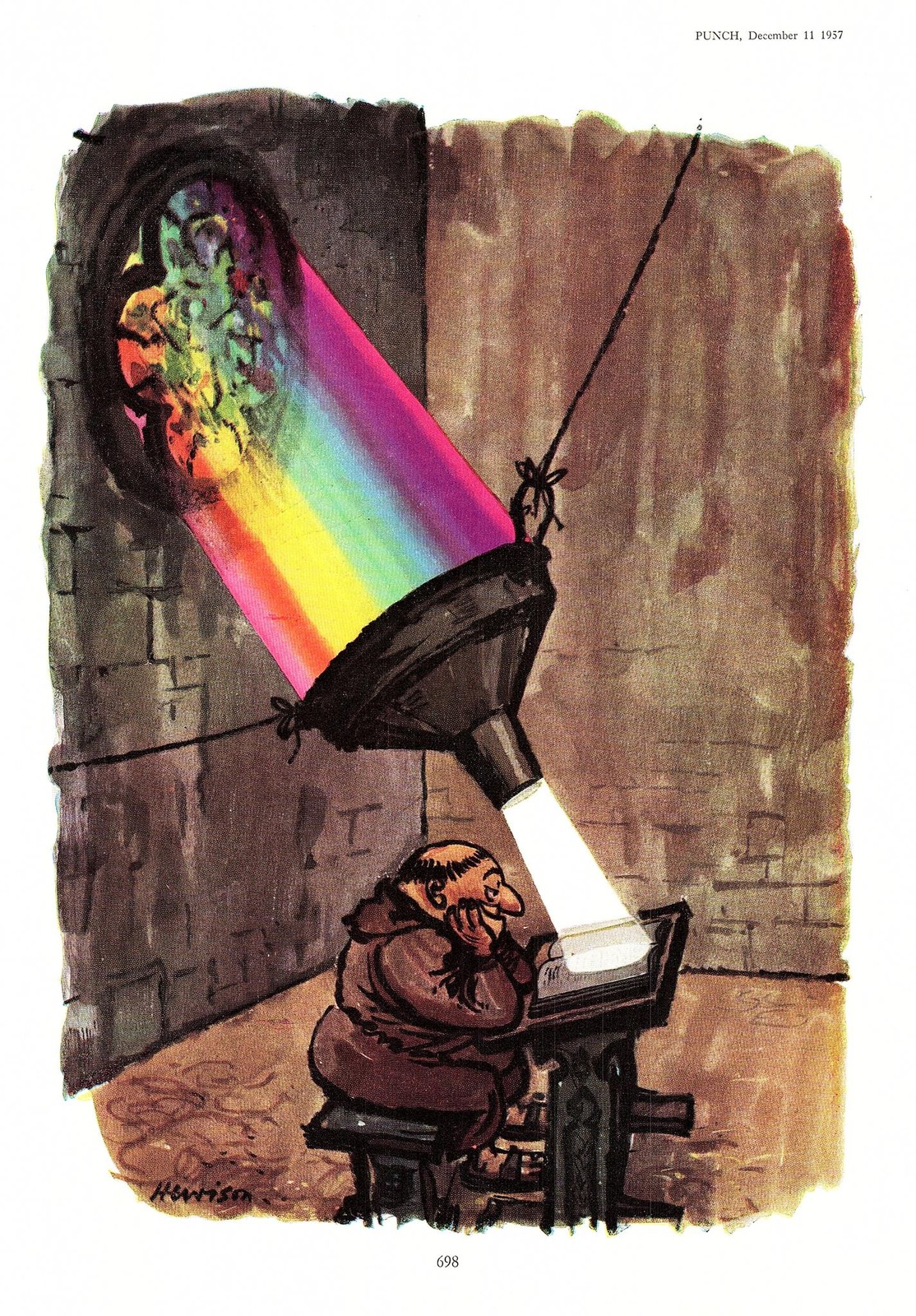 Original 1957 Punch HEWISON Cartoon Print ‘The Monk’s Celestial Reading Light’