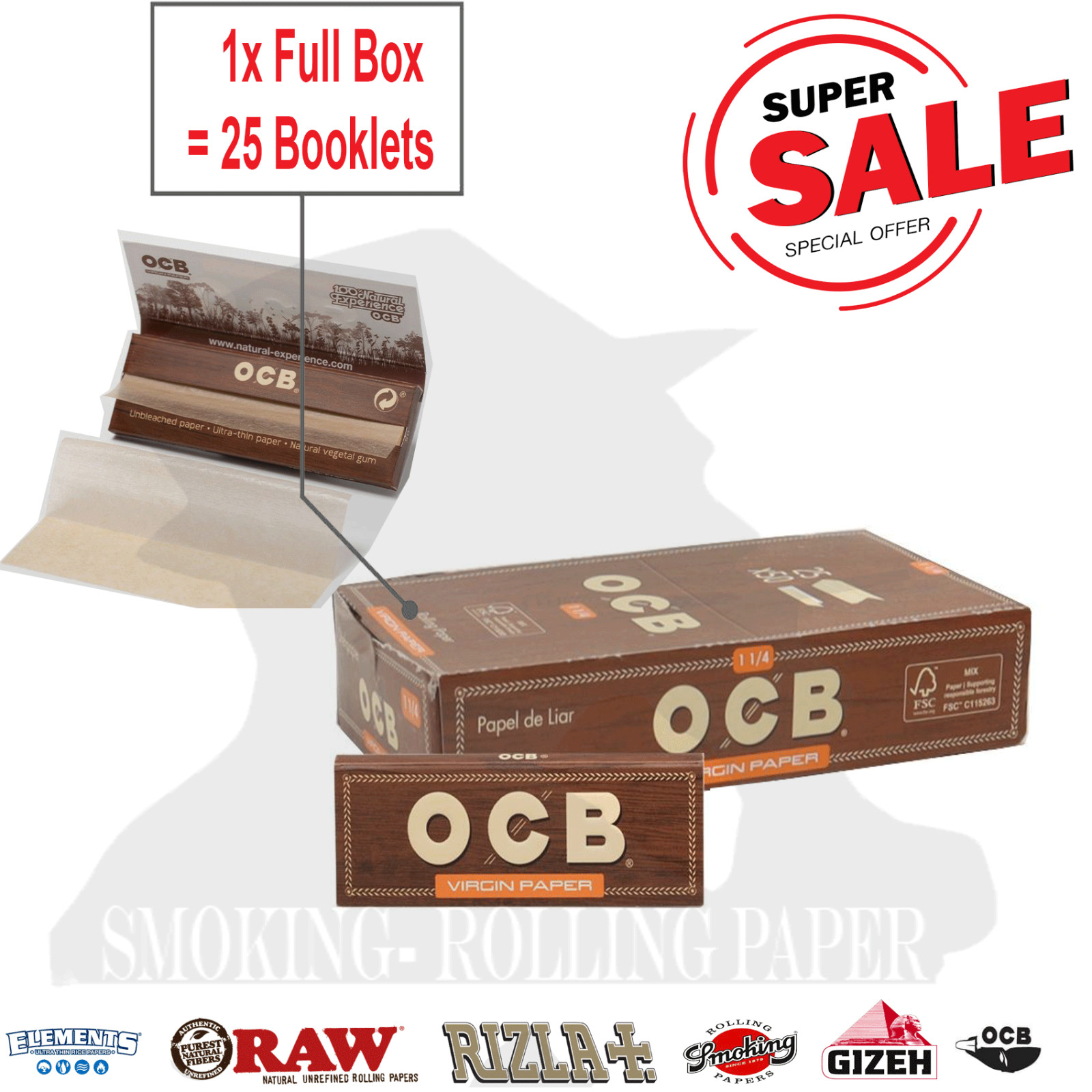 1 X OCB Virgin 1 1/4 Unbleached Rolling Papers – Total 1250 sheets