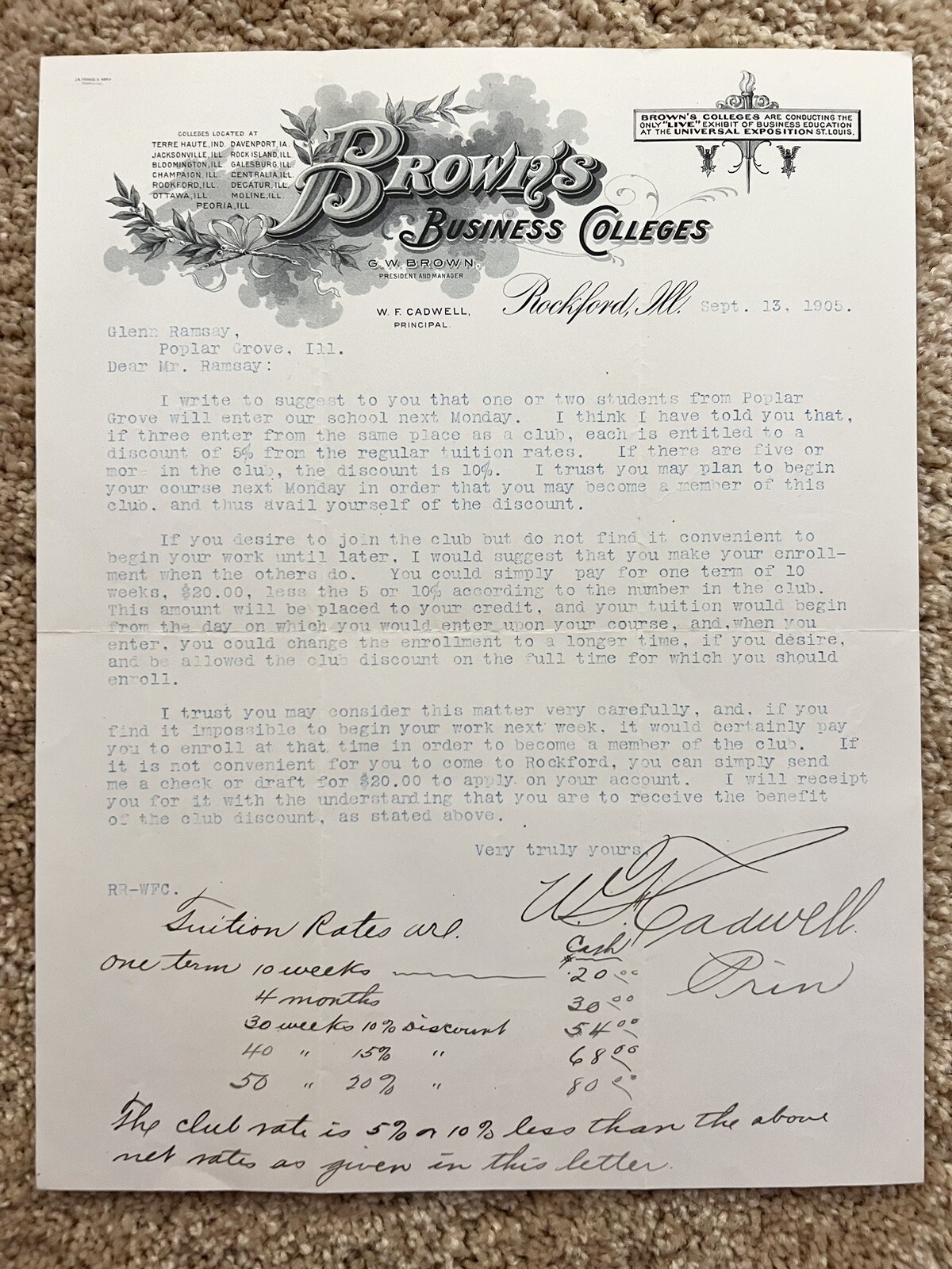 BROWN’s BUSINESS COLLEGE Recruitment Letters 1905 1910 Tuition Rates!! (f1)