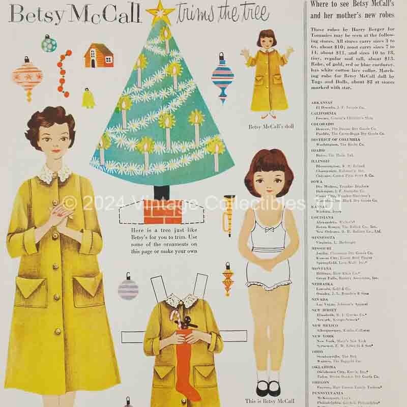 1954 Betsy McCall Trims The Tree Christmas Paper Doll art decor vintage print ad