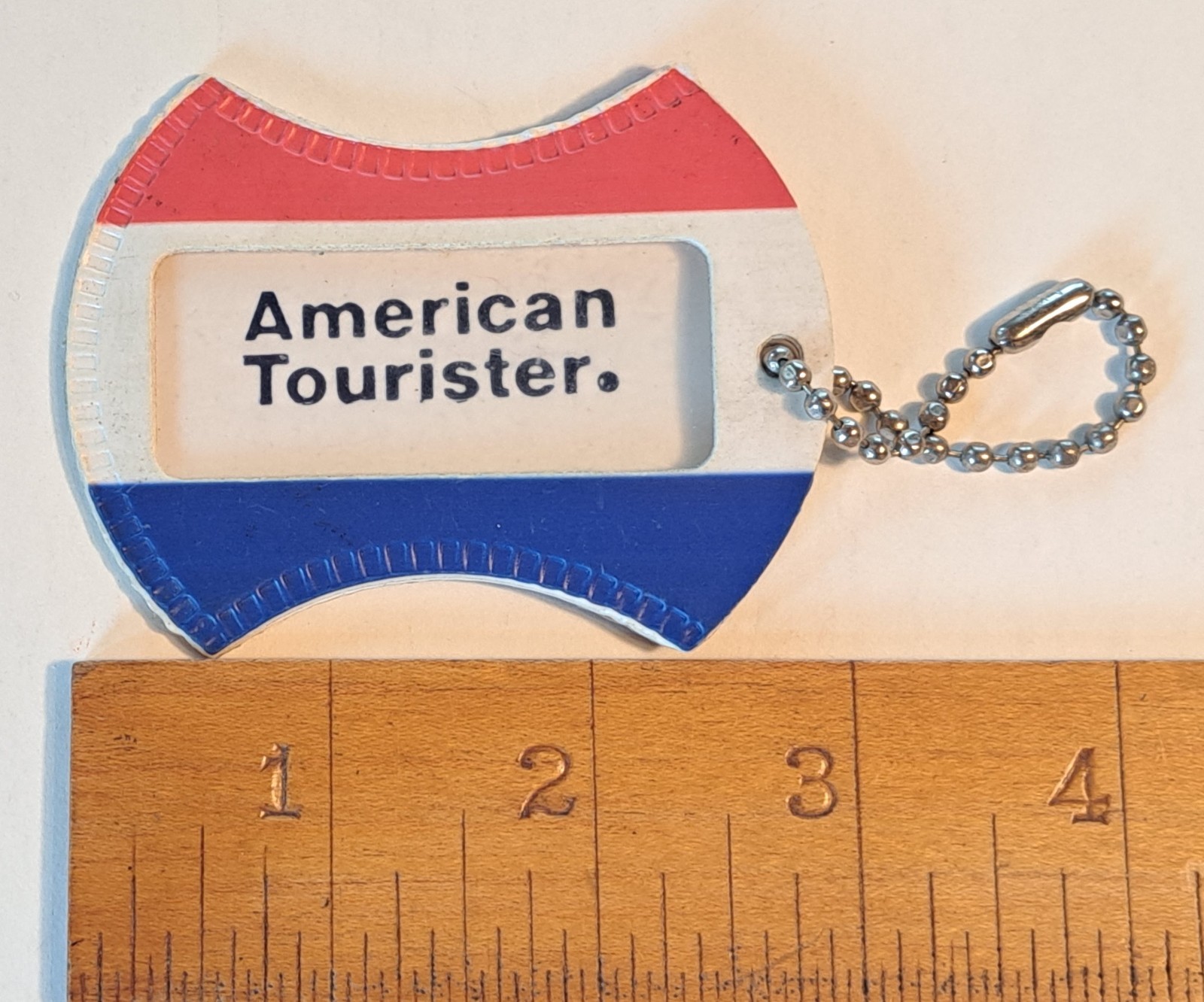 Vintage American Tourister Luggage Name Tag Red White & Blue Ball Key Chain