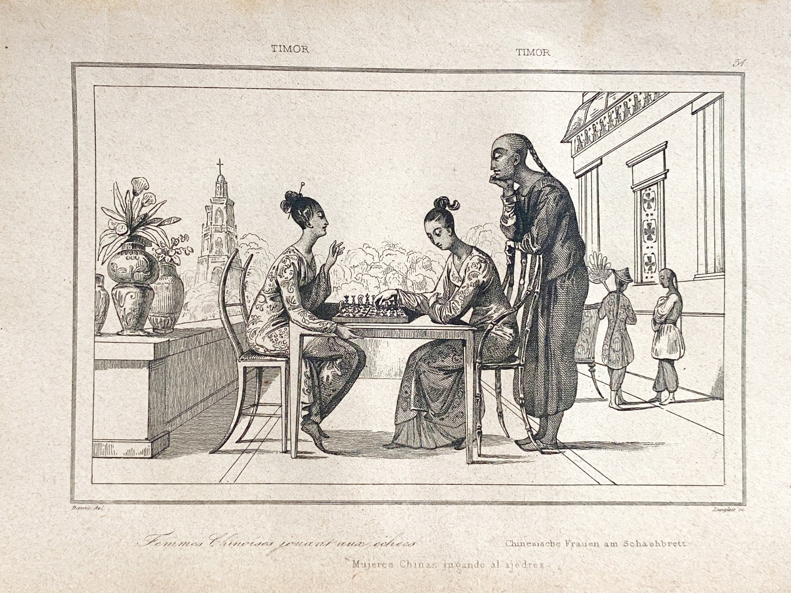 Engraving Indonesia Timor “Chinese Women Playing Chess”