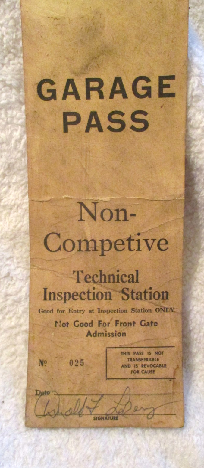 Collectible~Garage Pass~Non-Competive~Technical Inspection Station~Car Racing