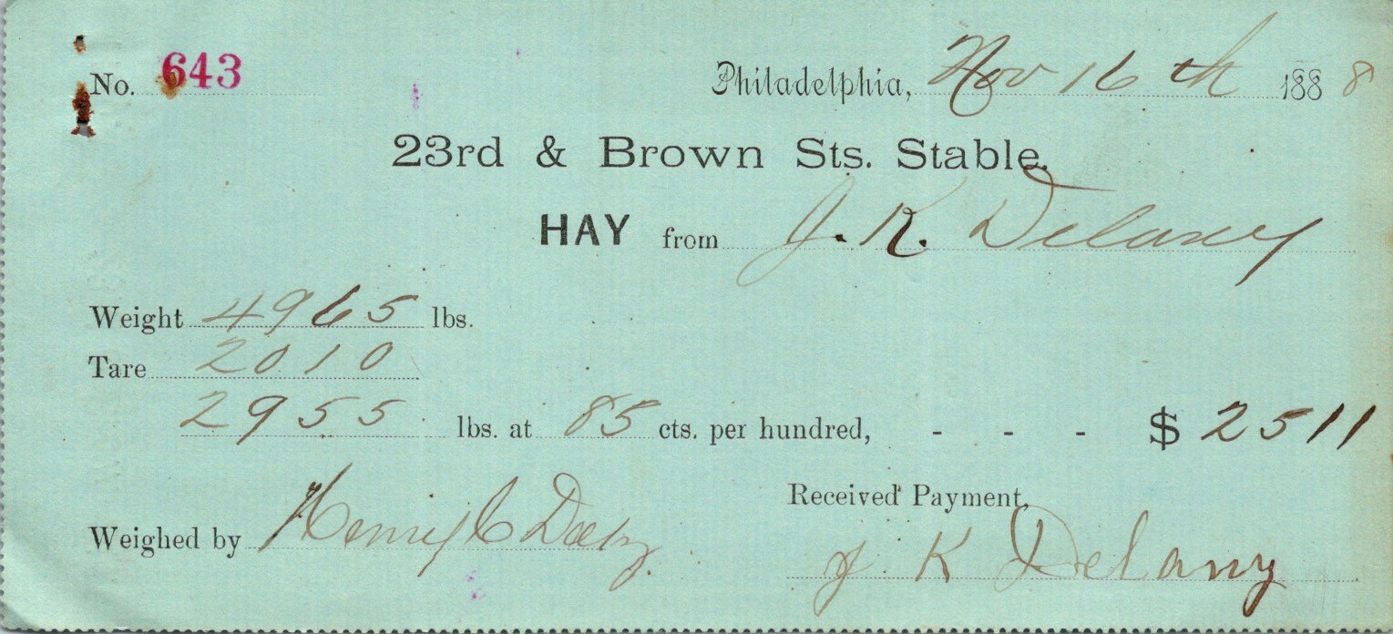 Blank Hay Weigh Ticket 23rd & Brown Sts Philadelphia c1900 Foxing