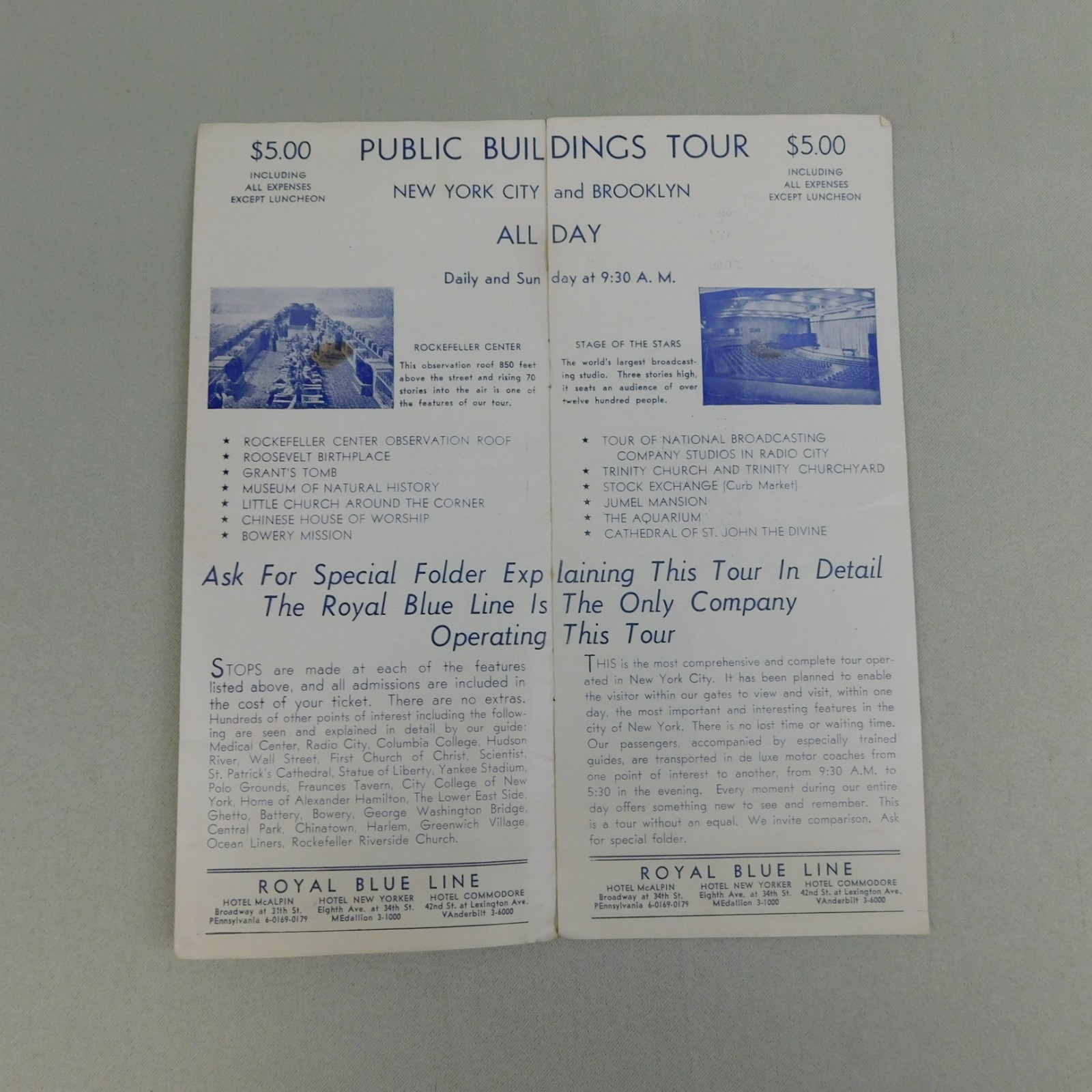 Vintage 1935 Sightseeing New York Royal Blue Line Travel Guide Map Souvenir