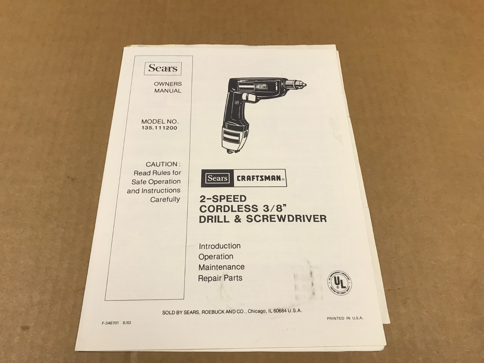 Vintage Sears Craftsman 2-Speed Cordless 3/8″ Drill & Screwdriver Owner’s Manual