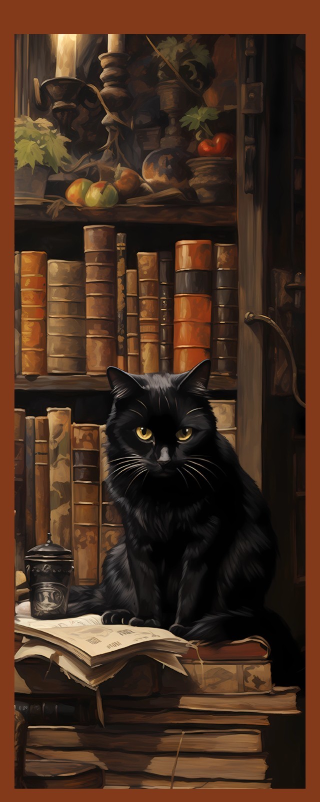 Literary BLACK CAT Sitting on Books in a Library – Laminated Photo Bookmark