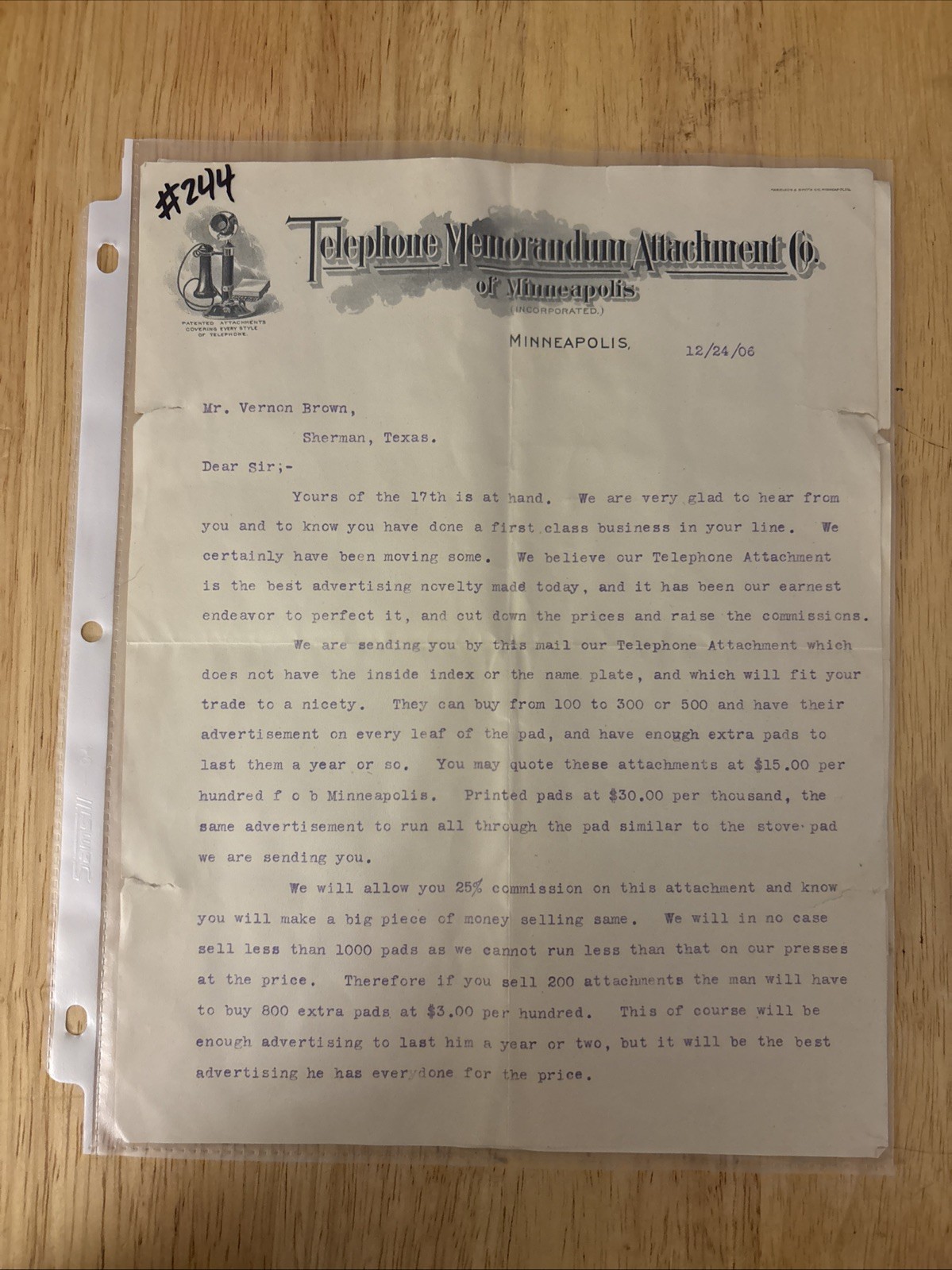 Antique letter Telephone Memorandum Attachment Co of Minneapolis Minnesota 1906