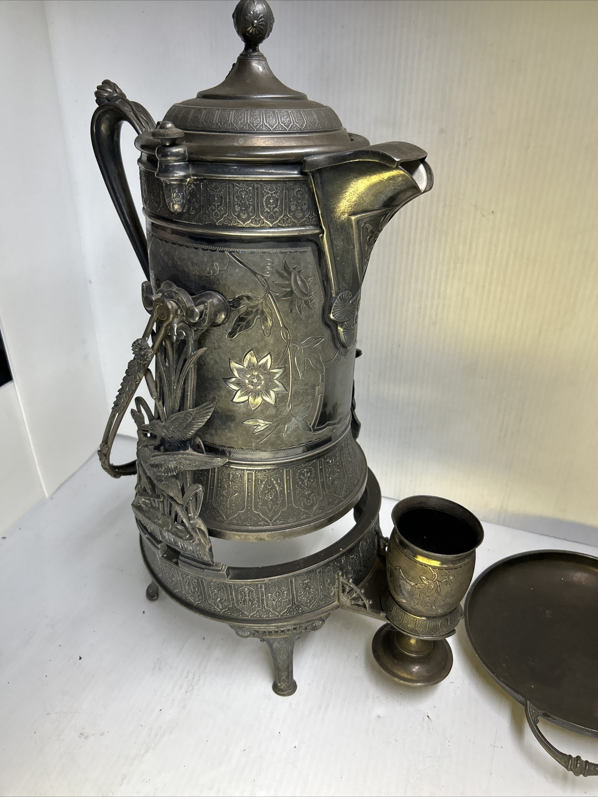 Reed & Barton Tilting Water 1923 Pitcher Patent 1880 W/ Cup Porcelain Lined