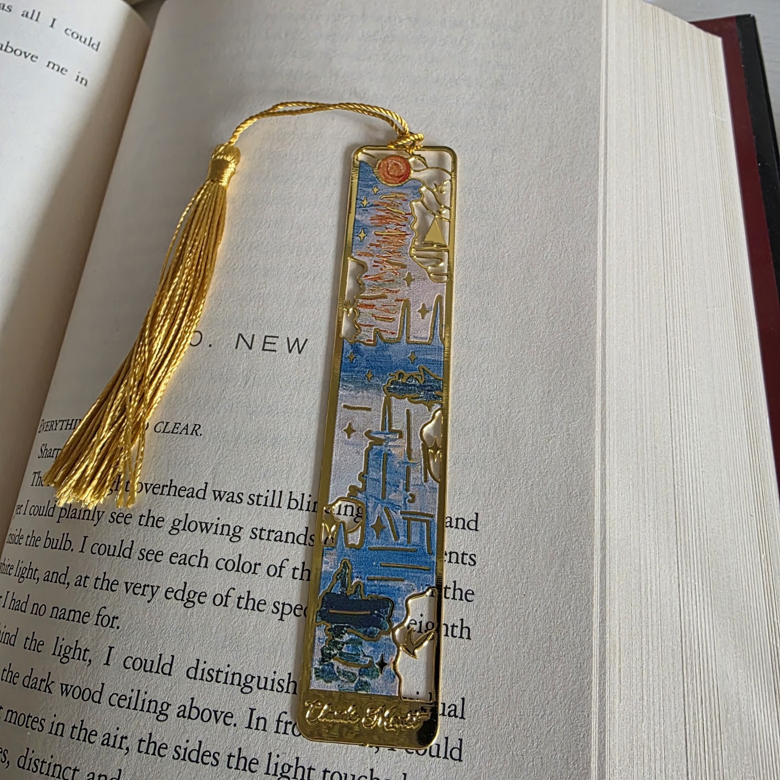 Gold Metal Cityscape Bookmark with Tassel, Rectangle Shape, Abstract Pattern