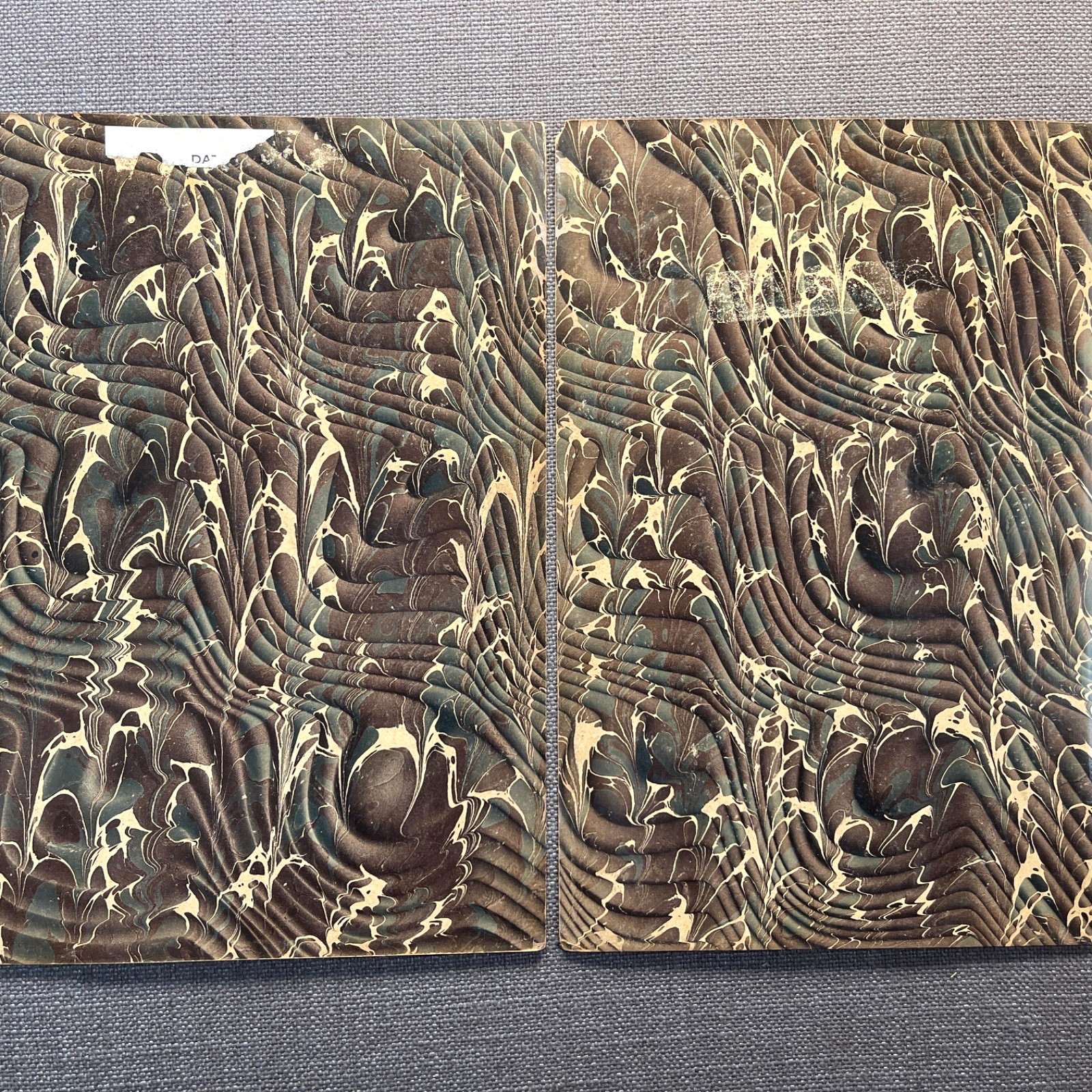 Antique Marbled End Papers Pair Bookbinding Brown Cream Green