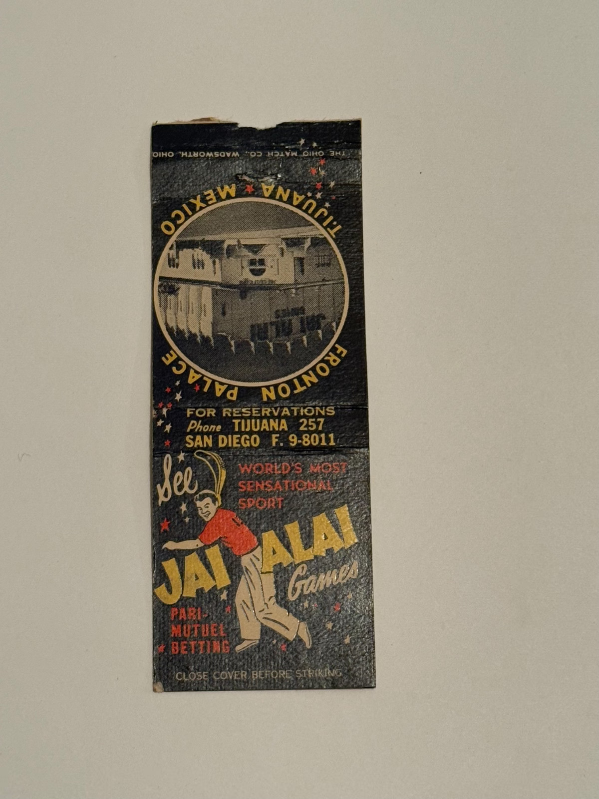 Jai Alai Games Fronton Palace Tijuana Mexico San Diego CA Matchbook Cover 261B