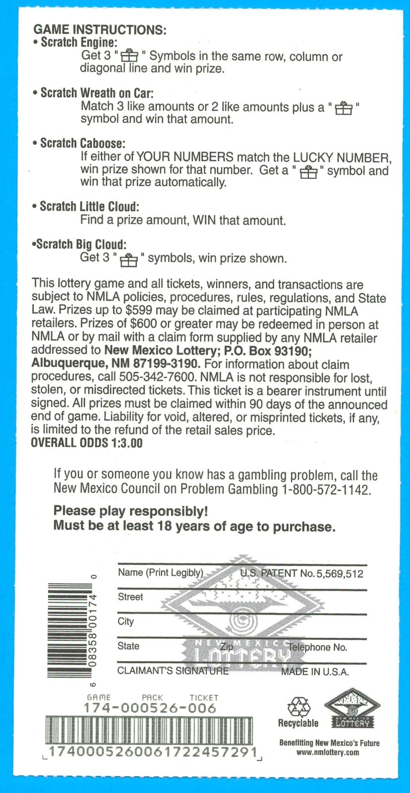 1999 New Mexico lottery expired scratch ticket CASH EXPRESS unscratched MINT