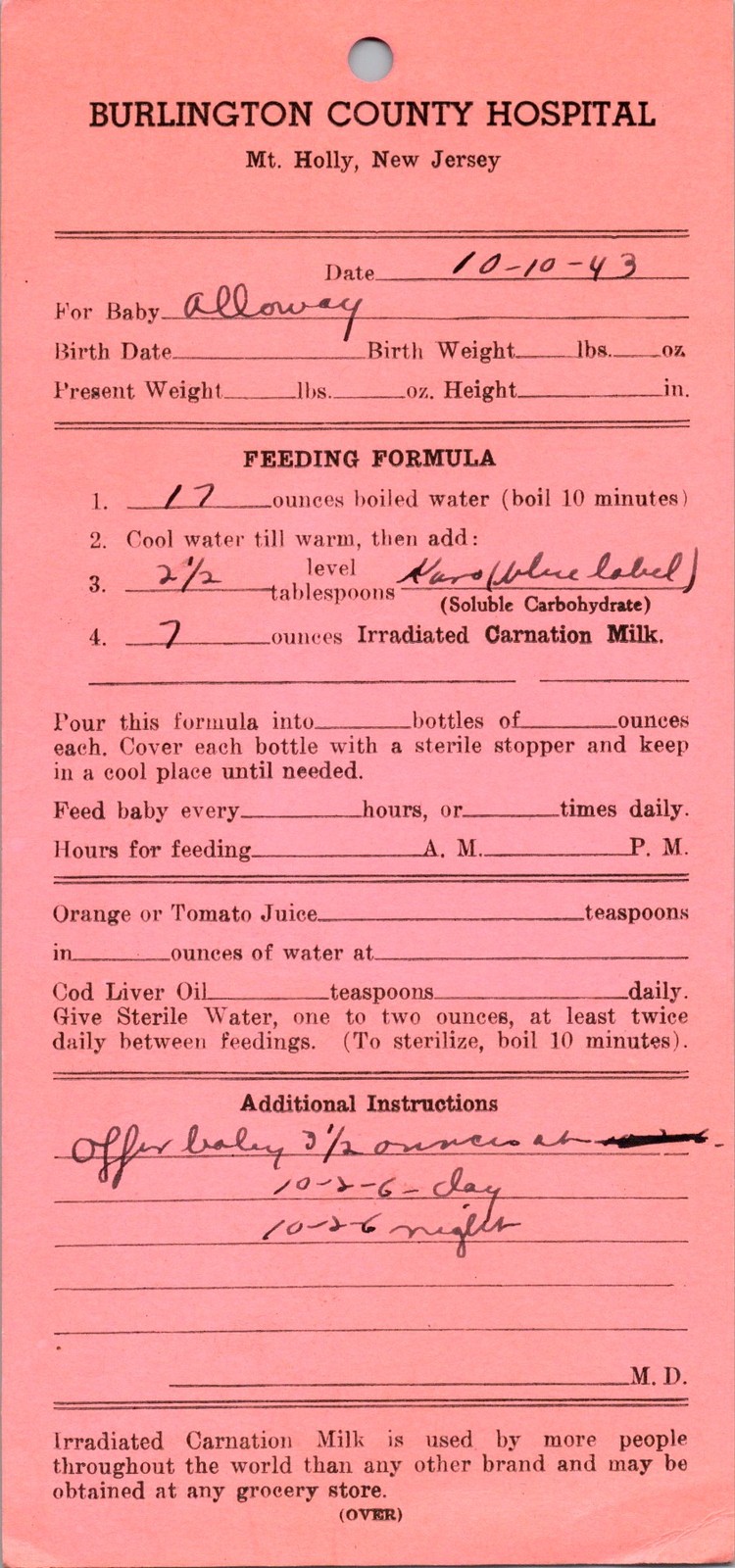 Burlington County Hospital Feeding Formula Card 1943 Mt Holly NJ Infant Care