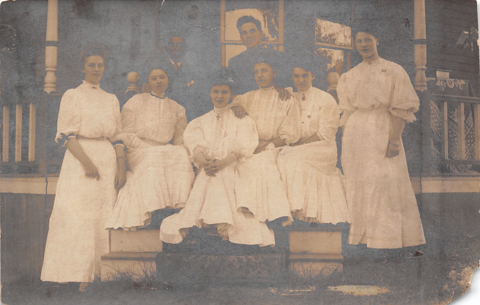 Rome City IN Faye & Her 7 Friends Gather on the Porch~Ladies in White RPPC c1910