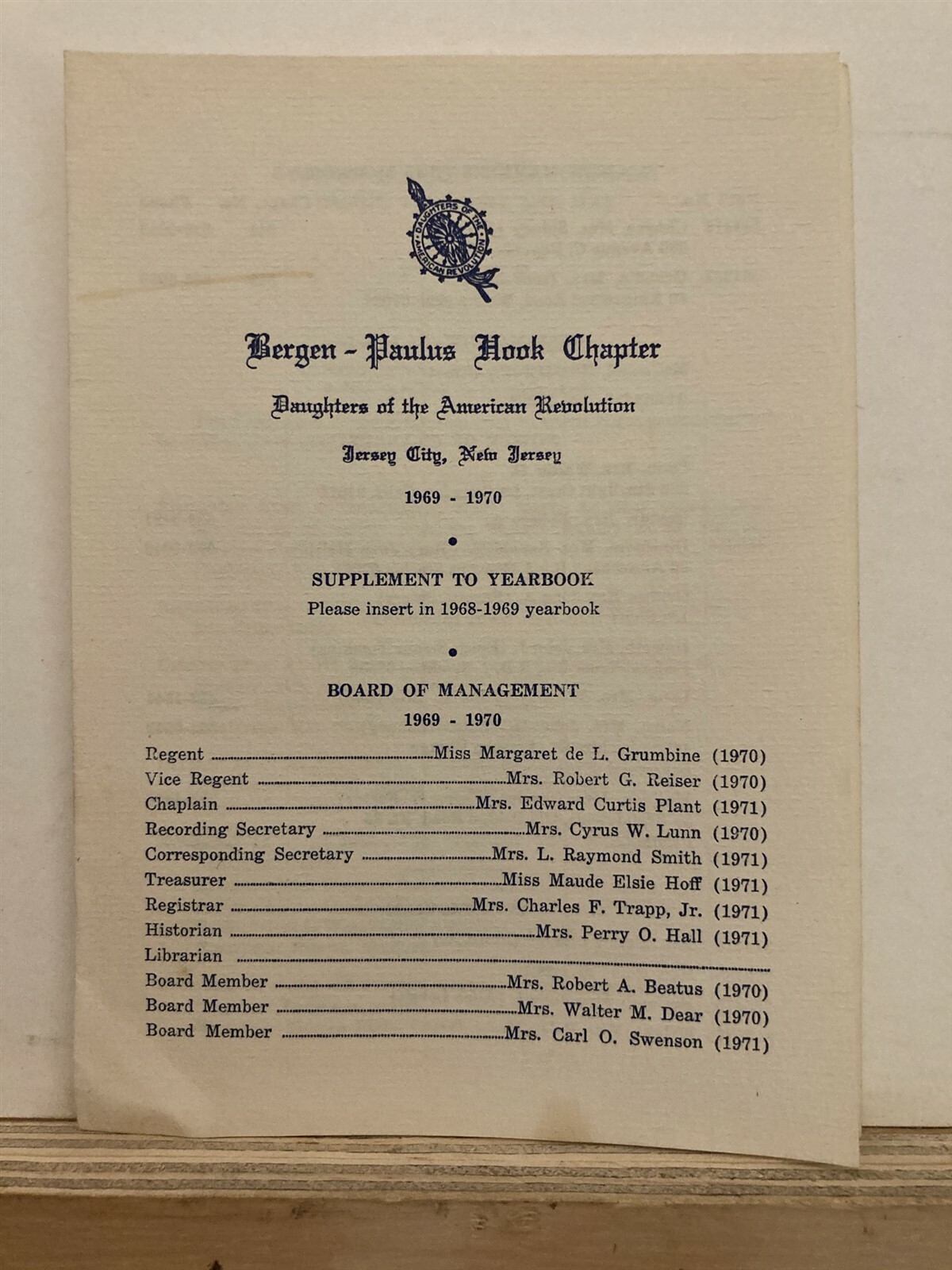1969 1970 Bergen Paulus Hook Daughters of the American Revolution Jersey City NJ